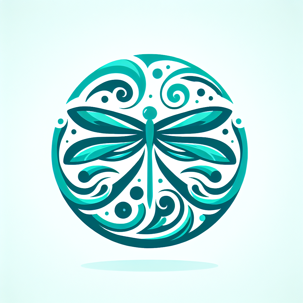 create a teal colored logo with a dragonfly in it with colors of swirls around it